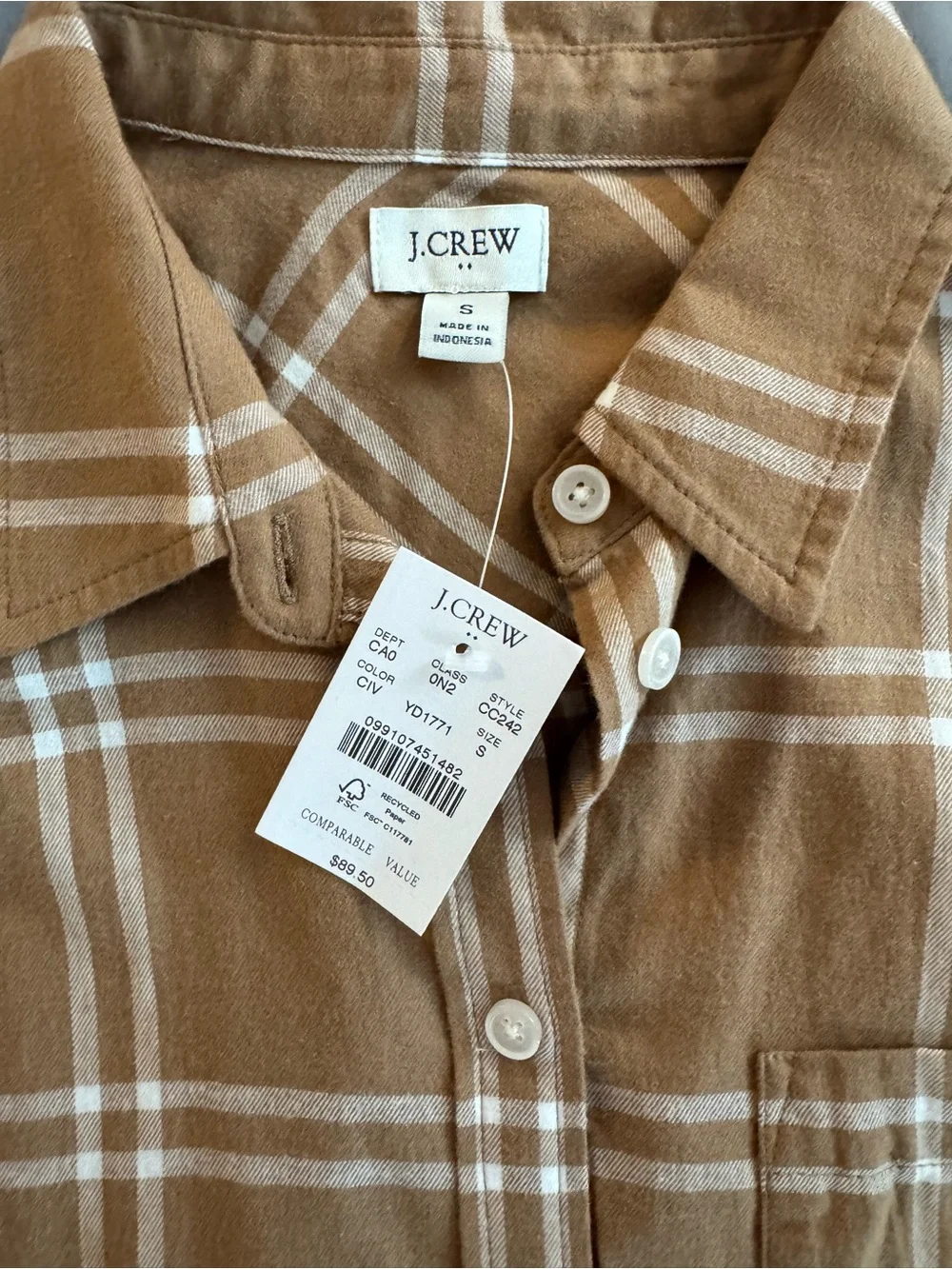 J. Crew Tan and White Plaid Button-Down Shirt